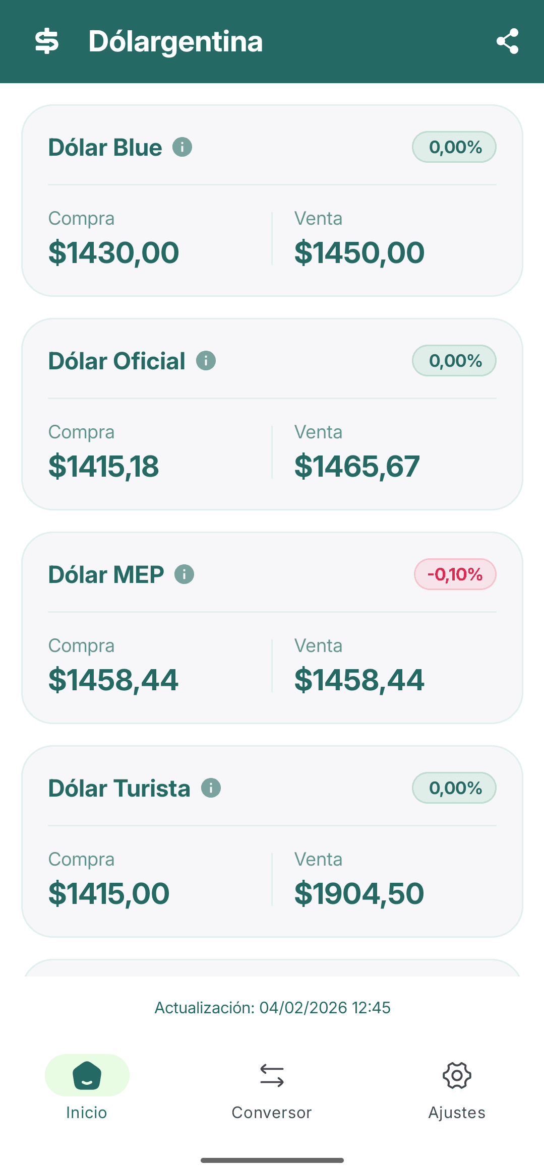 Pantalla de la app Dólargentina mostrando cotizaciones en tiempo real
